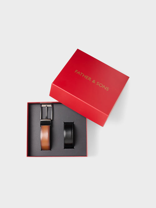 Coffret cadeau 2 ceintures et boucle ajustable et réversible en cuir cognac et noir - 2 - Father & Sons   - 2 
