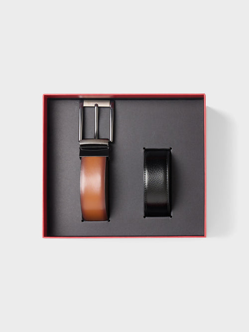 Coffret cadeau 2 ceintures et boucle ajustable et réversible en cuir cognac et noir - 1 - Father & Sons   - 2 