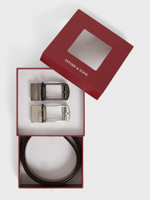 Coffret ceinture ajustable et 2 boucles en cuir cognac - Father & Sons   - 1 
