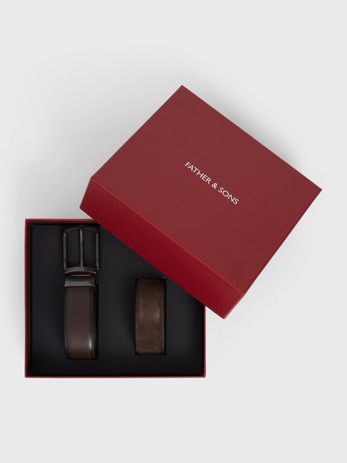 Coffret 2 ceintures ajustables et boucle en cuir marron - Father & Sons   - 2 