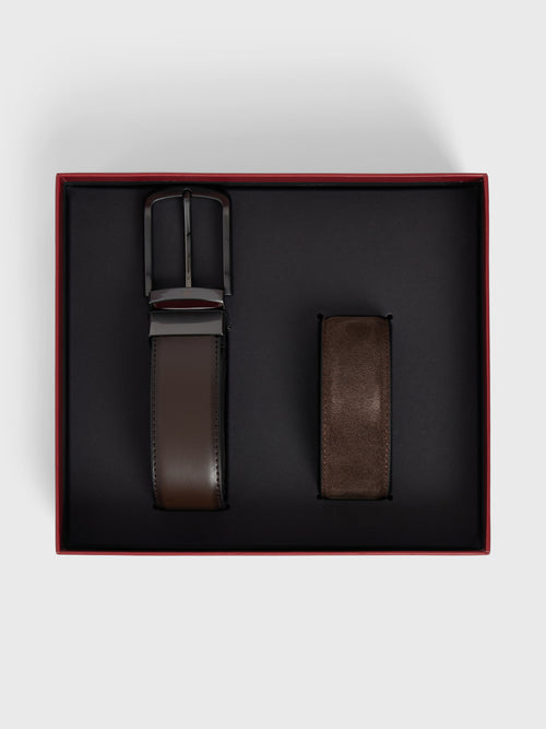 Coffret 2 ceintures ajustables et boucle en cuir marron - Father & Sons   - 1 
