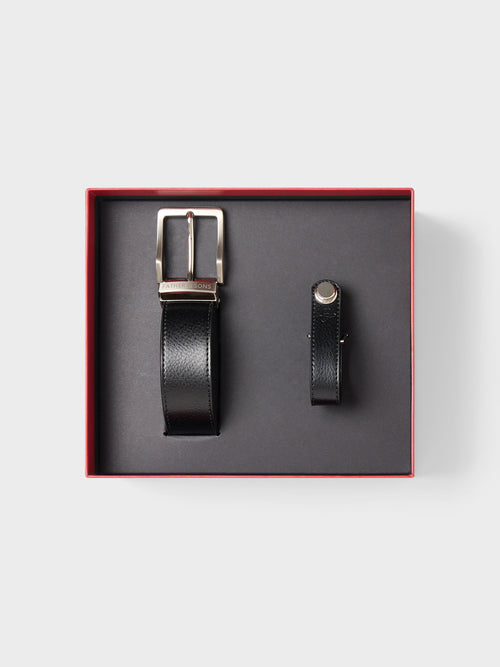 Coffret cadeau ceinture ajustable et porte-clé en cuir noir - 1 - Father & Sons   - 4 