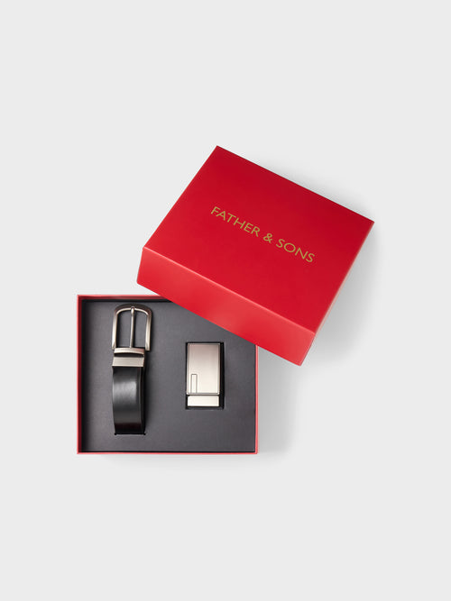 Coffret cadeau ceinture ajustable et réversible et 2 boucles en cuir noir - 2 - Father & Sons   - 3 