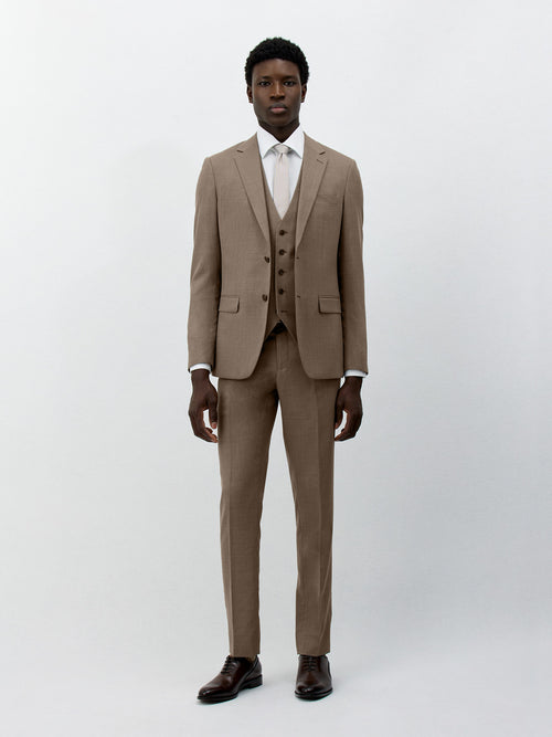 Costume 2 pièces Slim en laine et soie beige foncé - Father & Sons   - 7 