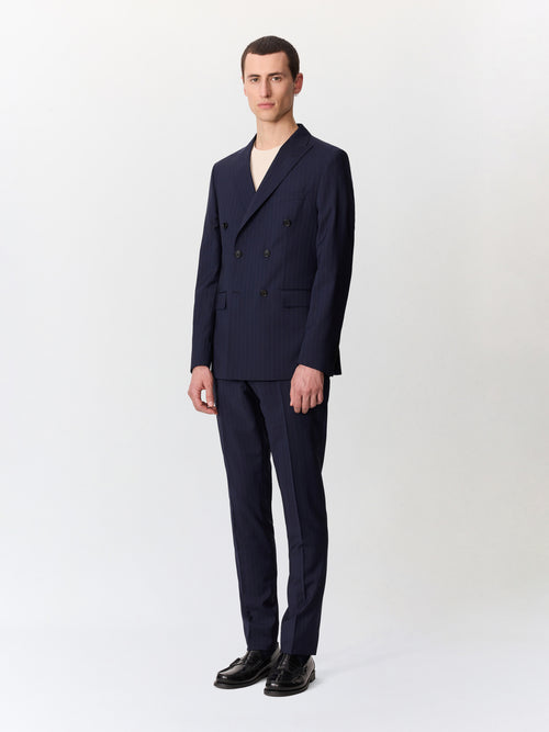Costume 2 pièces croisé regular en laine bleu indigo à rayures - 1 - Father & Sons   - 5 