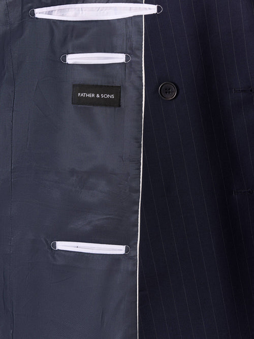 Costume 2 pièces croisé regular en laine bleu indigo à rayures - Father & Sons   - 7 