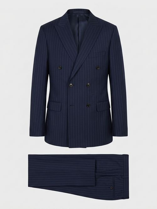 Costume 2 pièces croisé regular en laine bleu indigo à rayures - Father & Sons   - 8 