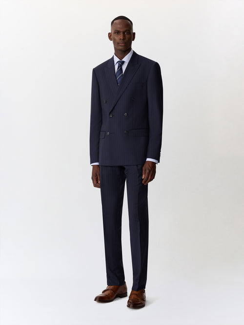 Costume 2 pièces croisé regular en laine bleu indigo à rayures - Father & Sons   - 1 