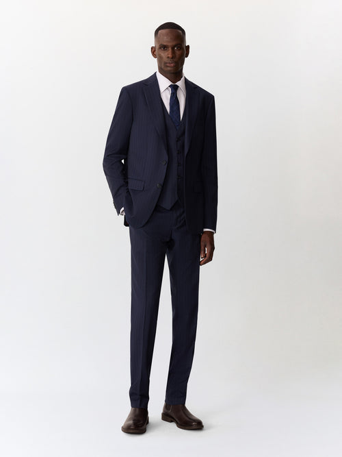 Costume 2 pièces regular en laine bleu indigo à rayures - Father & Sons   - 1 