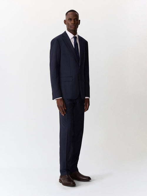 Costume 2 pièces regular en laine bleu indigo à rayures - Father & Sons   - 3 