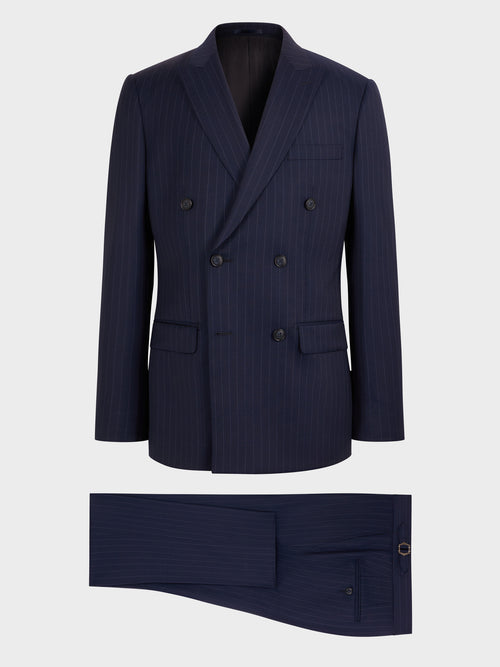 Costume 2 pièces croisé regular en laine bleu indigo à rayures - Father & Sons   - 8 