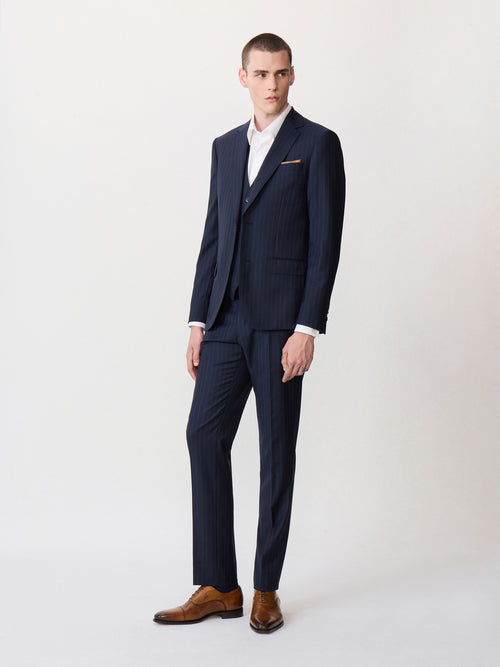 Costume 2 pièces slim en laine bleu marine à rayures - 1 - Father & Sons   - 5 
