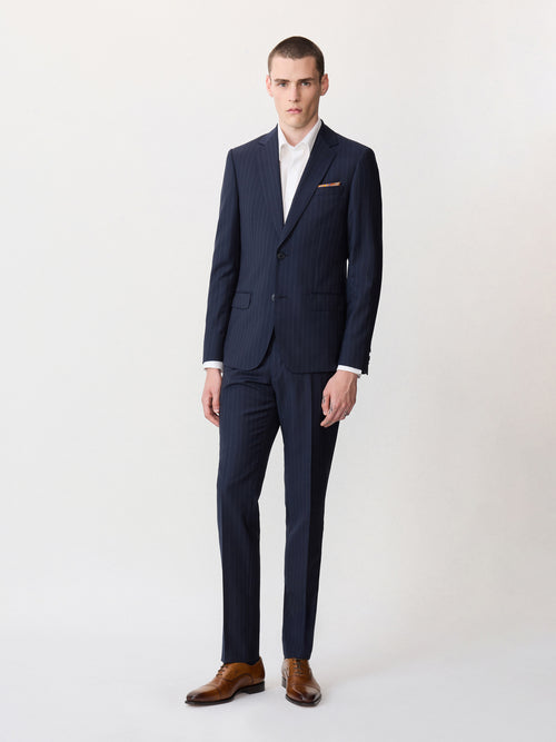 Costume 2 pièces slim en laine bleu marine à rayures - Father & Sons   - 3 