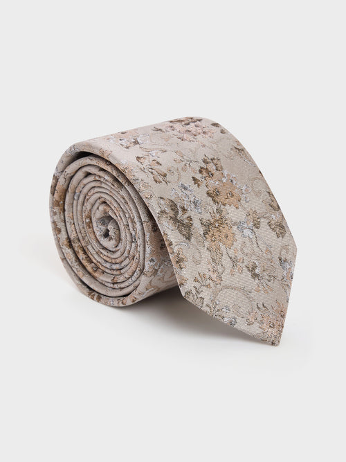 Cravate large en soie mélangée à motif fleuri beige - Father & Sons   -  