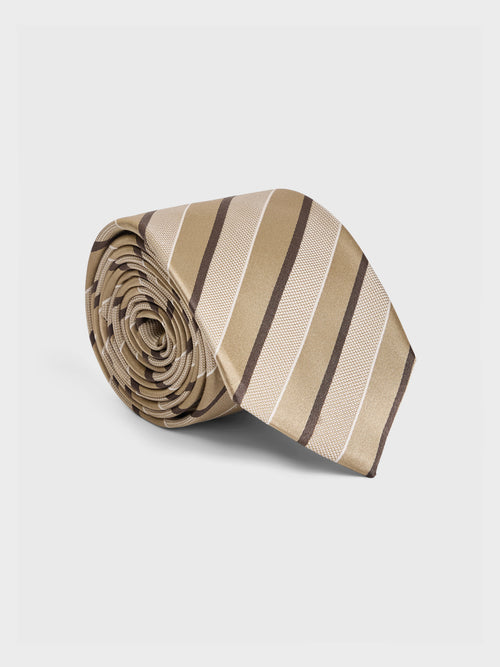 Cravate large en soie beige à rayures - Father & Sons   - 1 