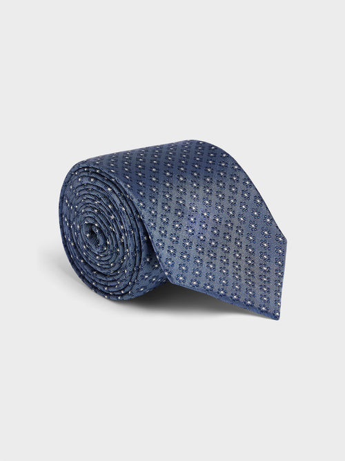 Cravate large en soie bleu chambray à motif - 1 - Father & Sons   - 1 