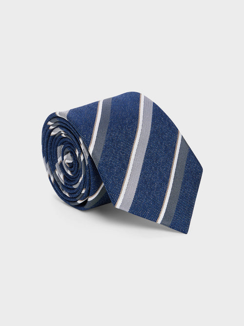 Cravate large en soie bleu indigo à rayures - Father & Sons   - 1 