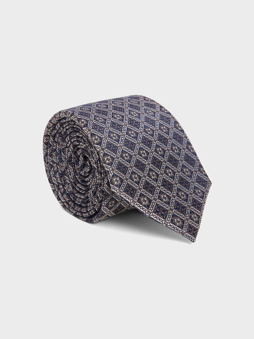 Cravate large en soie mélangée marron et bleu à carreaux - Father & Sons   - 1 