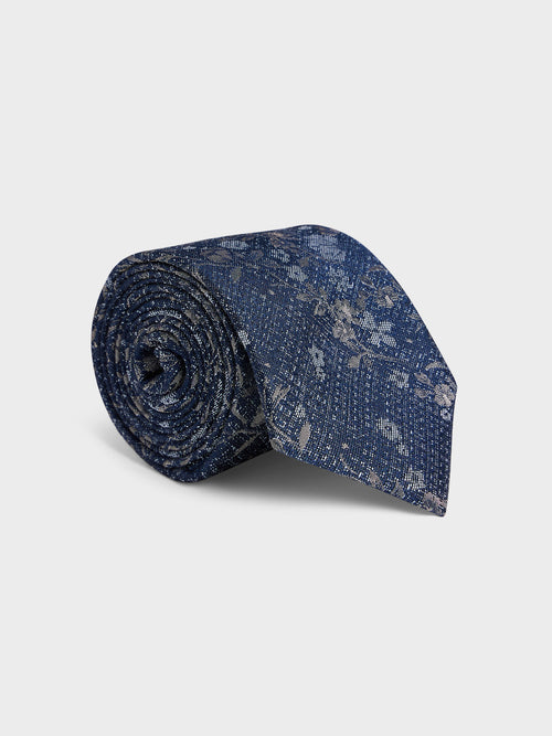 Cravate large en coton et soie bleu azur à motif fleuri - 1 - Father & Sons   - 5 