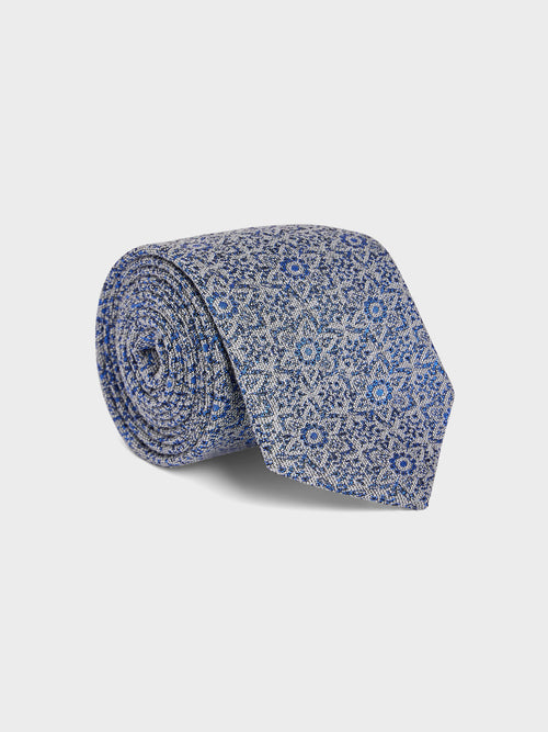 Cravate large en soie et coton bleu azur à motif fleuri - 1 - Father & Sons   - 10 