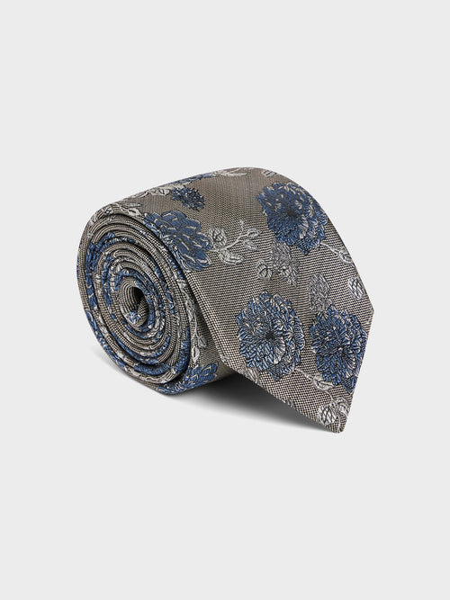 Cravate large en soie mélangée grise à motif fleuri bleu azur - 1 - Father & Sons   - 17 