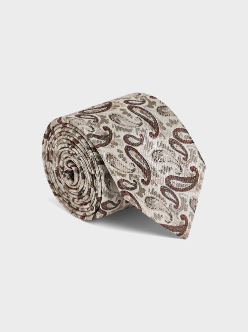 Cravate large en soie mélangée beige à motif cachemire - 1 - Father & Sons   - 12 