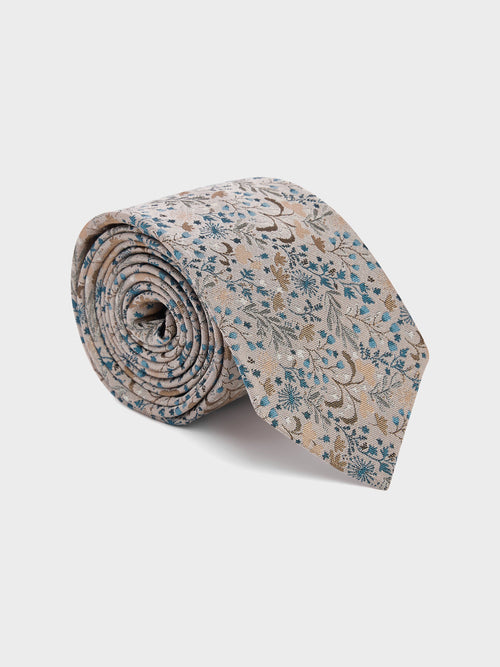 Cravate large en soie mélangée beige à motif fleuri - Father & Sons   - 1 