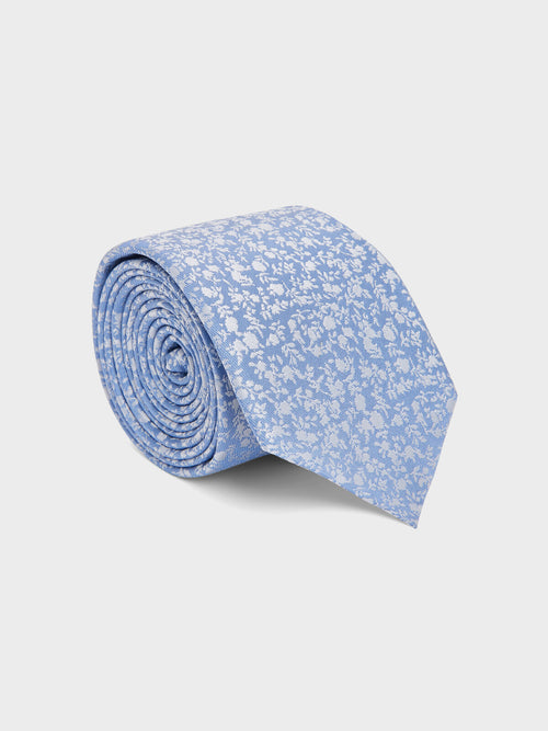 Cravate large en soie mélangée bleue à motif fleuri - Father & Sons   - 1 