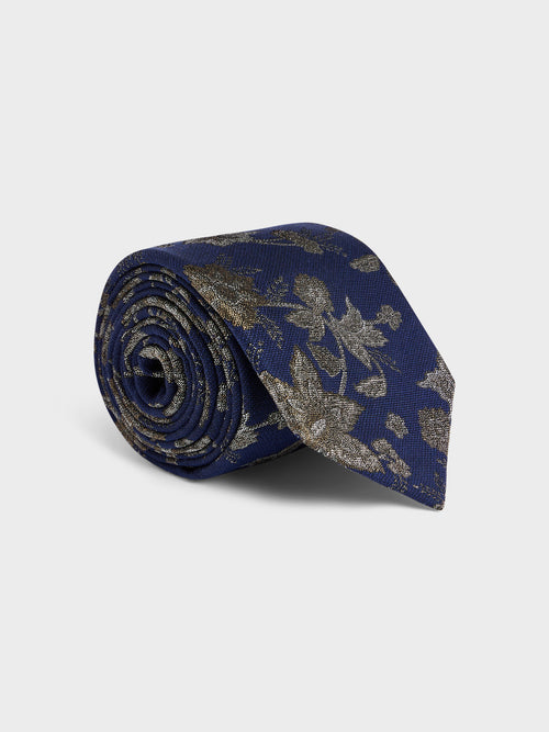 Cravate large en coton et soie bleu indigo à motif fleuri - 1 - Father & Sons   - 19 