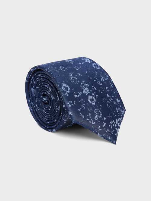 Cravate large en soie mélangée bleu indigo à motif fleuri - Father & Sons   - 1 