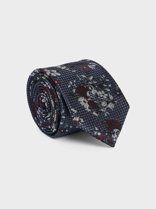 Cravate large en soie bleu indigo à motif fleuri - Father & Sons   - 1 