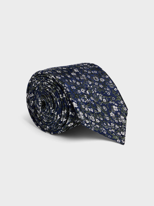 Cravate large en soie bleue à motif fleuri - 1 - Father & Sons   - 14 