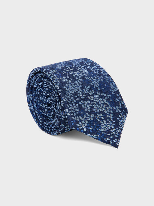 Cravate large en soie mélangée bleu marine à motif fleuri - Father & Sons   - 1 
