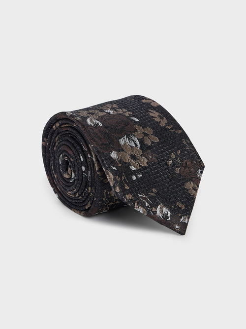 Cravate large en soie marron à motif fleuri - Father & Sons   - 1 