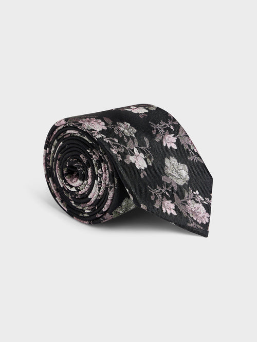 Cravate large en soie mélangée noire à motif fleuri - 1 - Father & Sons   - 19 