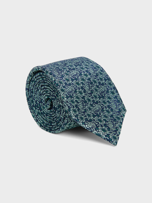 Cravate large en soie mélangée bleue à motif fleuri - Father & Sons   - 1 
