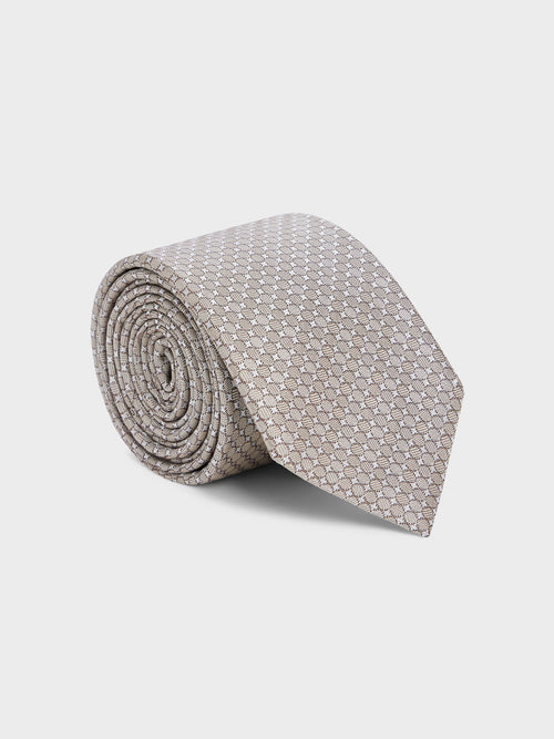 Cravate large en soie beige à motif - Father & Sons   - 1 