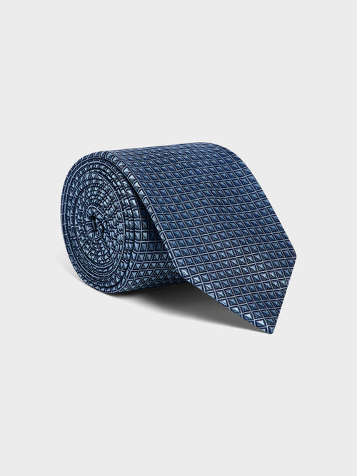 Cravate large en soie bleu chambray à motif - 1 - Father & Sons   - 5 