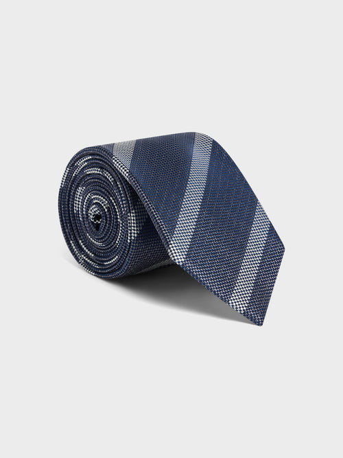 Cravate large en soie bleu chambray à rayures - 1 - Father & Sons   - 3 