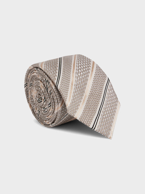 Cravate large en coton et soie beiges à rayures - 1 - Father & Sons   - 13 