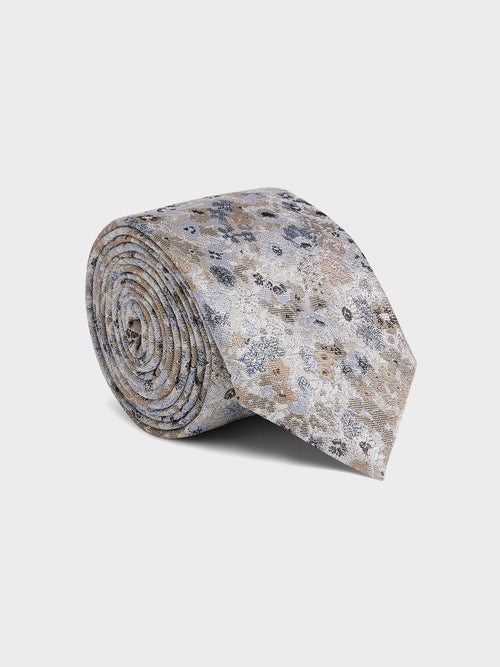 Cravate large en soie mélangée à motif fleuri beige et bleu - 1 - Father & Sons   - 10 