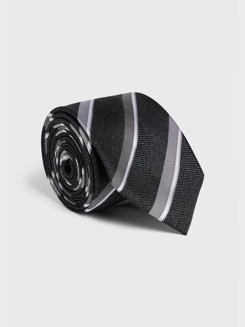 Cravate large en soie anthracite à rayures - 1 - Father & Sons   - 2 