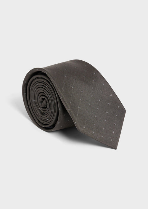 Cravate large en soie marron glacé à pois gris - Father & Sons   - 1 