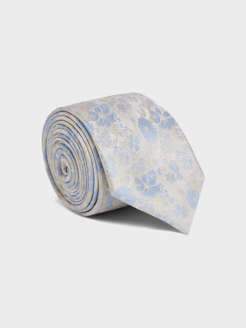 Cravate large en soie mélangée beige à motif fleuri bleu - 1 - Father & Sons   - 17 