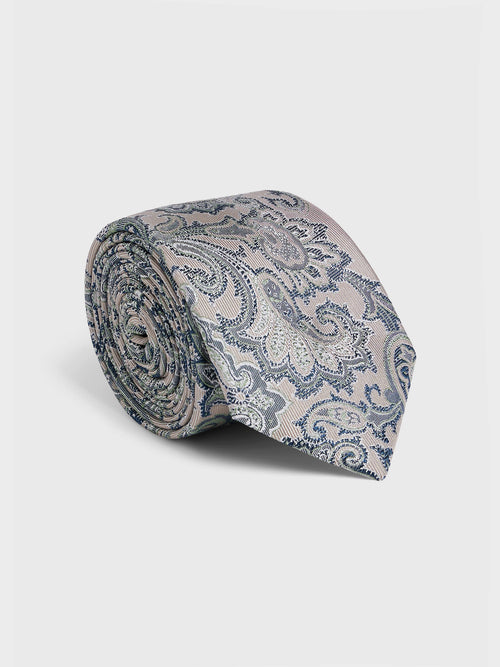 Cravate large en soie beige à motif fleuri bleu - 1 - Father & Sons   - 20 