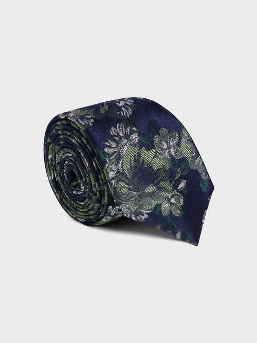 Cravate large en soie bleu prusse à motif fleuri - 1 - Father & Sons   - 7 