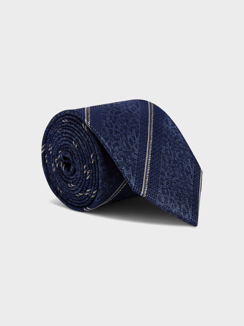 Cravate large en soie bleu indigo à rayures - Father & Sons   - 1 