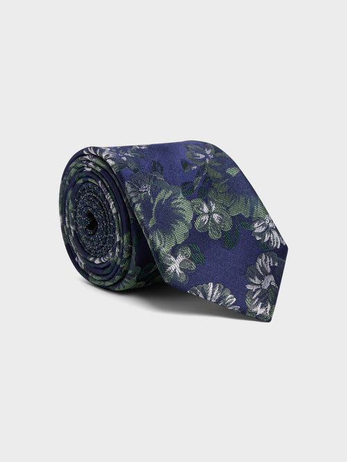 Cravate large en soie bleue à motif fleuri kaki - 1 - Father & Sons   - 16 