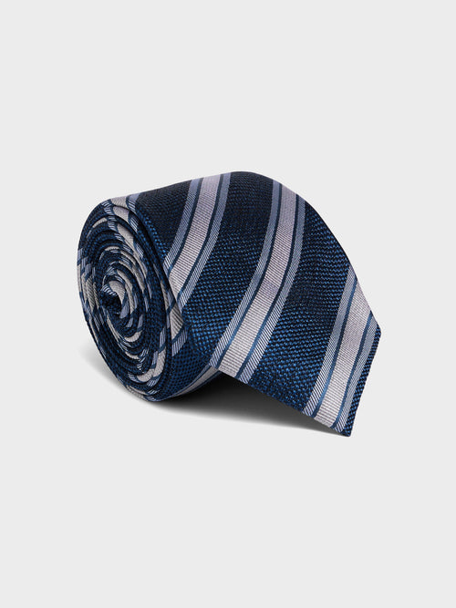 Cravate large en soie bleu chambray à rayures - 1 - Father & Sons   - 19 