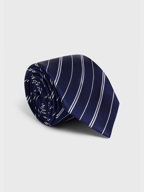 Cravate large en soie bleu indigo à rayures - 1 - Father & Sons   - 15 